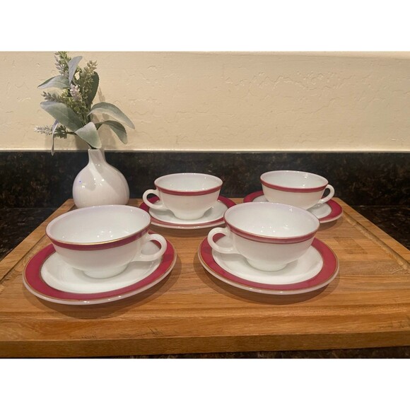Vintage Pyrex Coral Band - Gold Trim Cup and Saucer Set - Picture 1 of 9